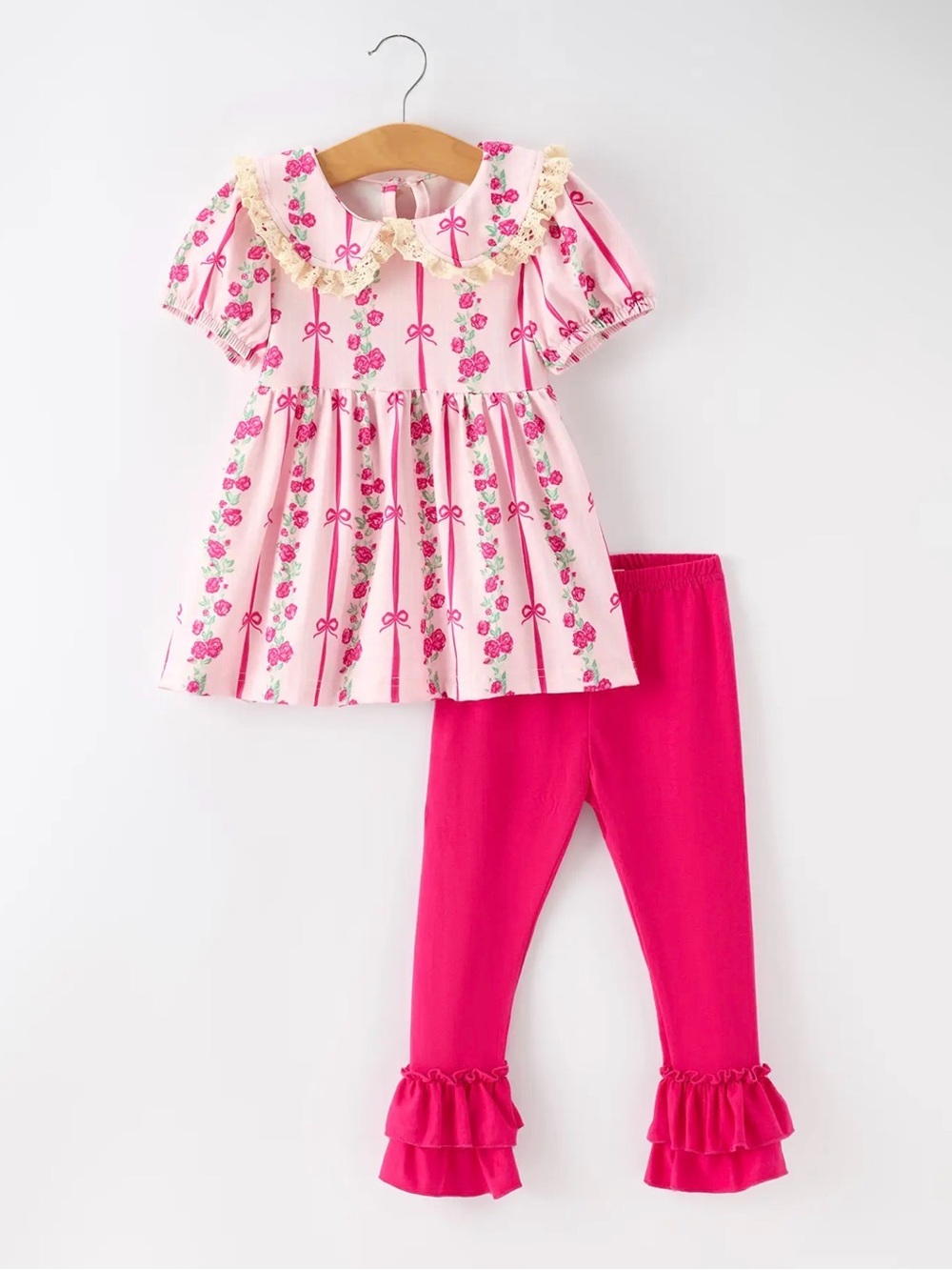 Rylee Faith Girls Pink Bow Rose Puff Sleeve Set